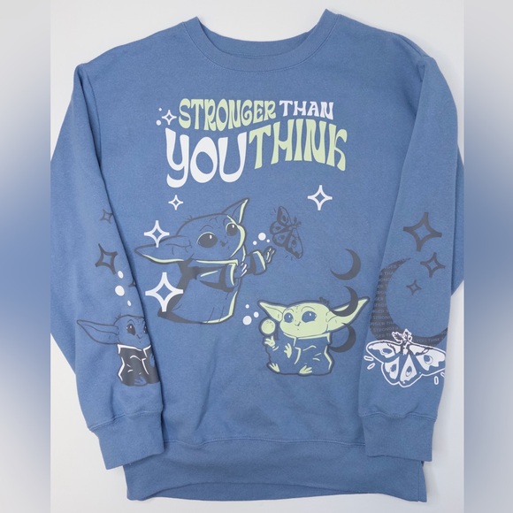 Star Wars Mandalorian Baby Yoda Grogu Blue Crewneck Pullover Sweater Women's Med - Picture 2 of 8
